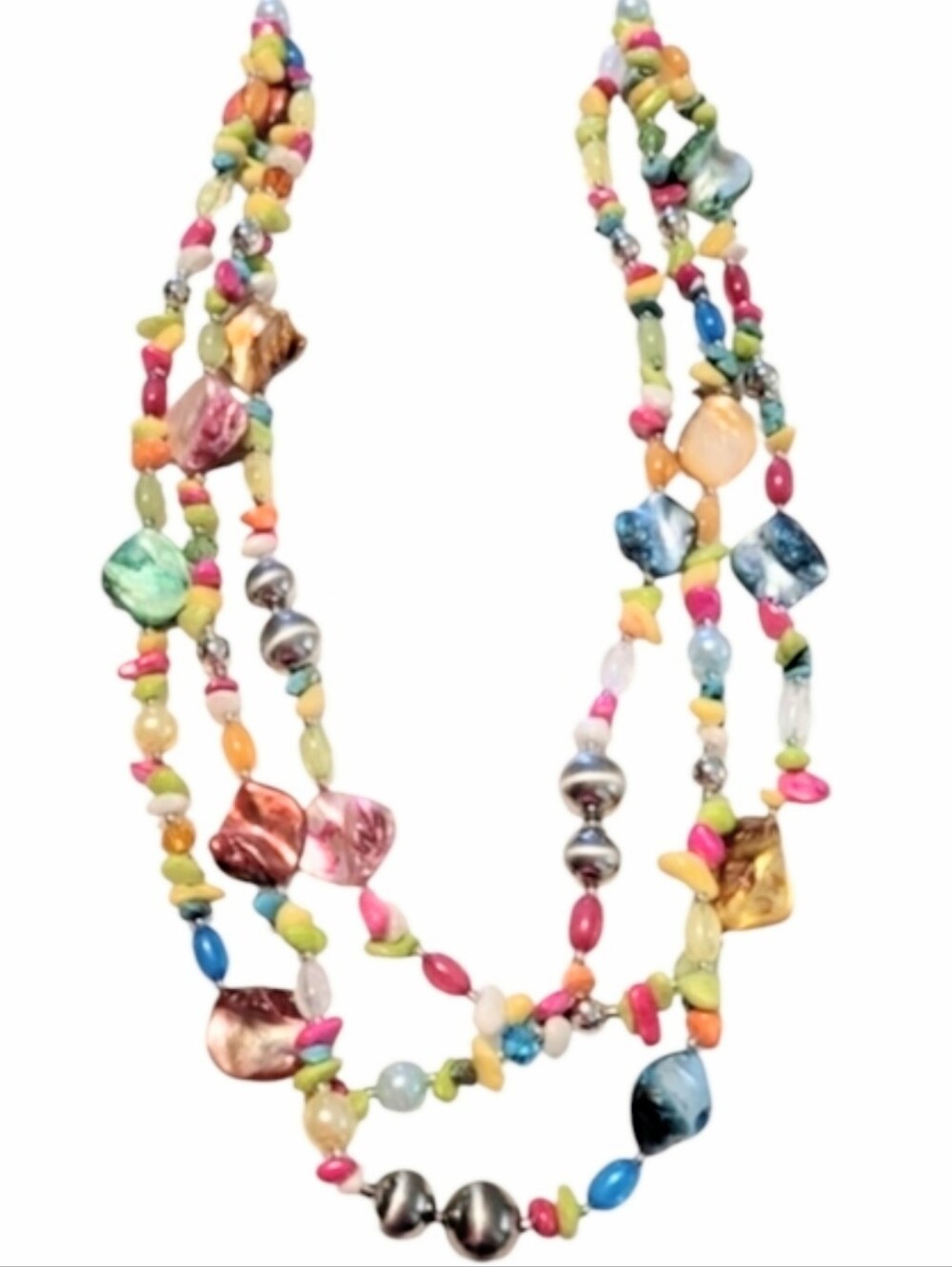 Colorful Smooth Stone Three Strand Chain Link Necklace In Pink, Blue, Yellow